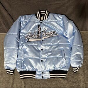 Men’s Small Global Hooper Blue Satin Bomber Varsity Puffer Jacket